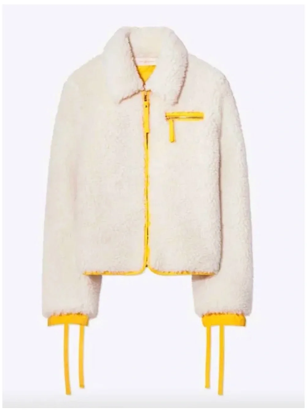Tory Burch Cream Yellow Faux Sherpa Jacket with Yellow Trim XS